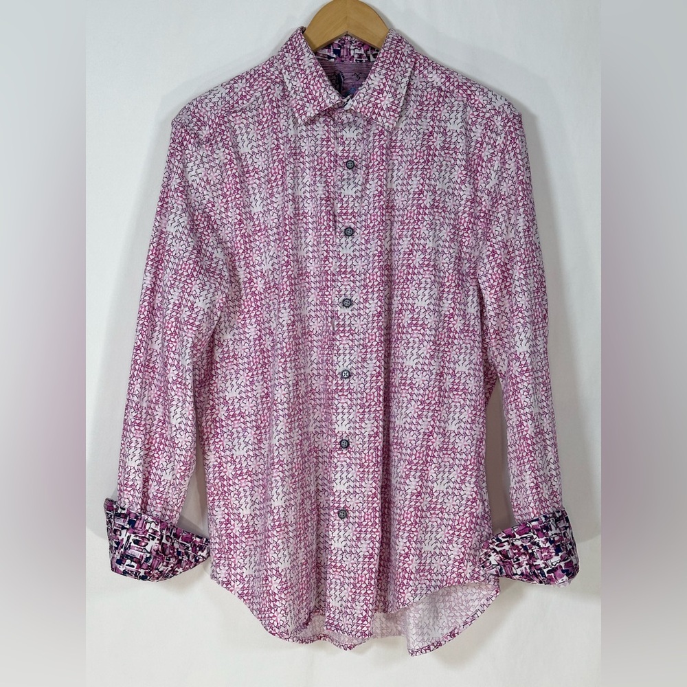 Robert Graham Betts Pink White Print Flip Cuff Stretch Shirt Large Classic Geo